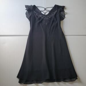 Y2K Witch Whimsigoth Dress Womens Size 12 Black Chiffon Flutter Sleeve Beaded